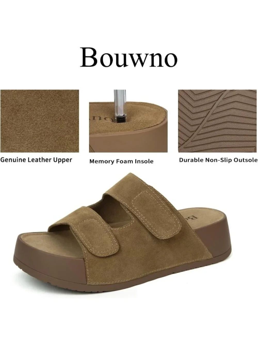Women's Khaki Genuine Leather Slip on Beach Slide Buckle Platform Sandal Shoes